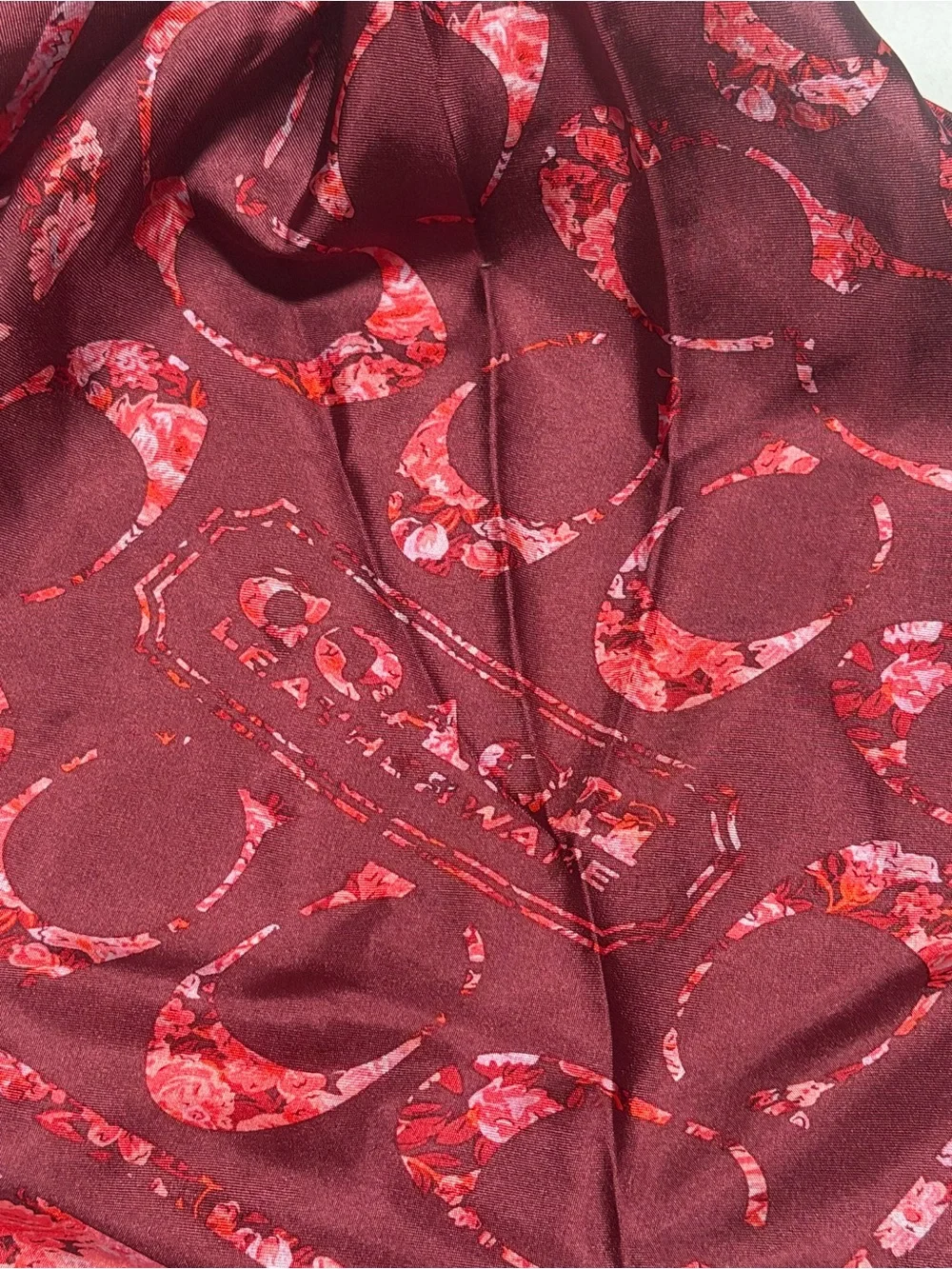 COACH Burgundy and Pink Floral Silk Scarf